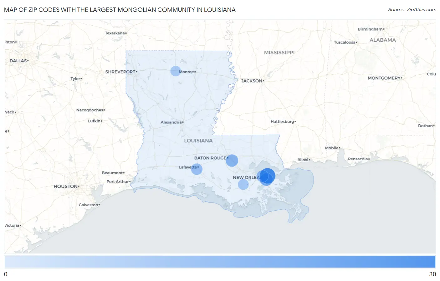 Zip Codes with the Largest Mongolian Community in Louisiana Map