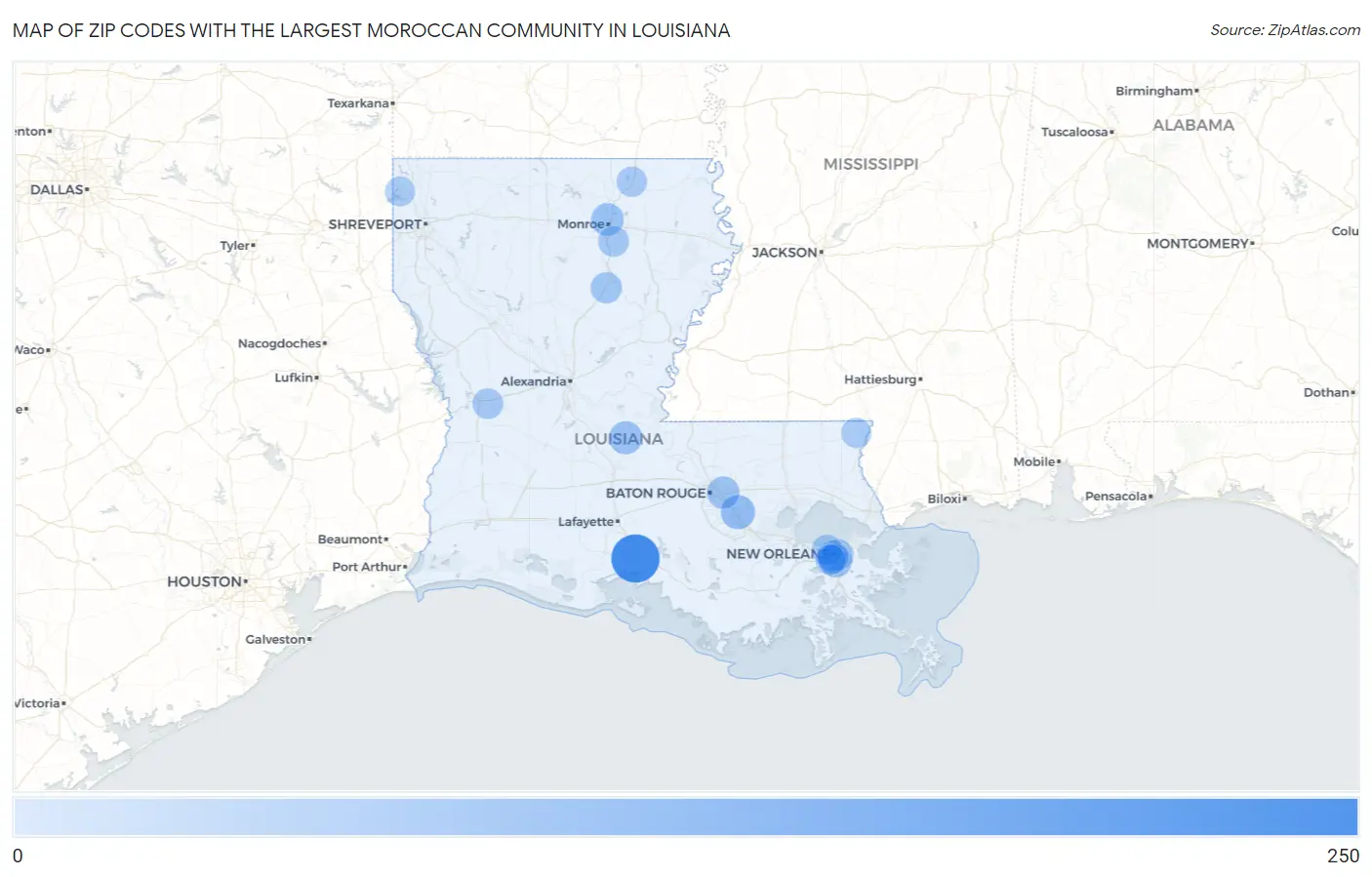 Zip Codes with the Largest Moroccan Community in Louisiana Map