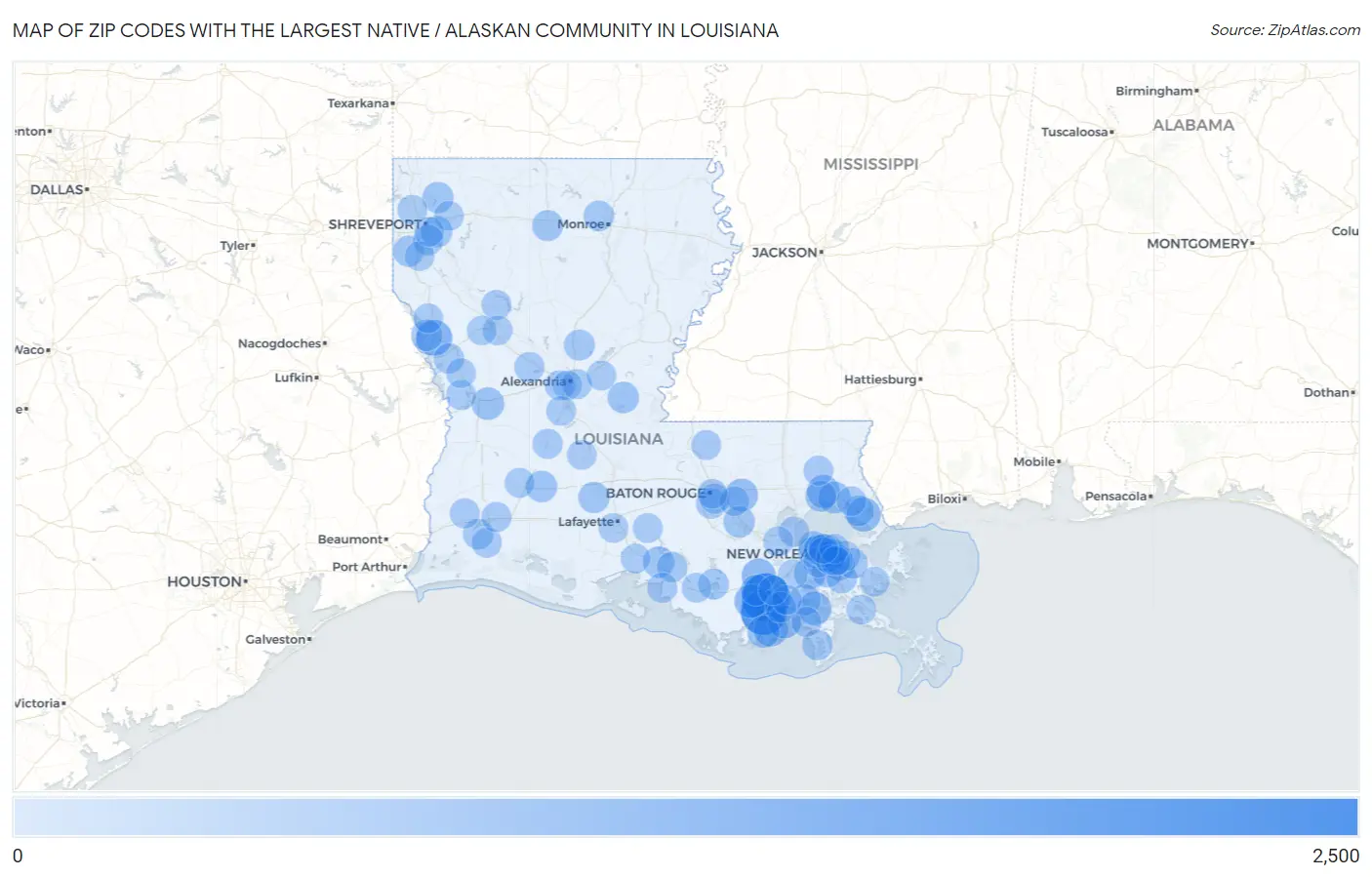 Zip Codes with the Largest Native / Alaskan Community in Louisiana Map
