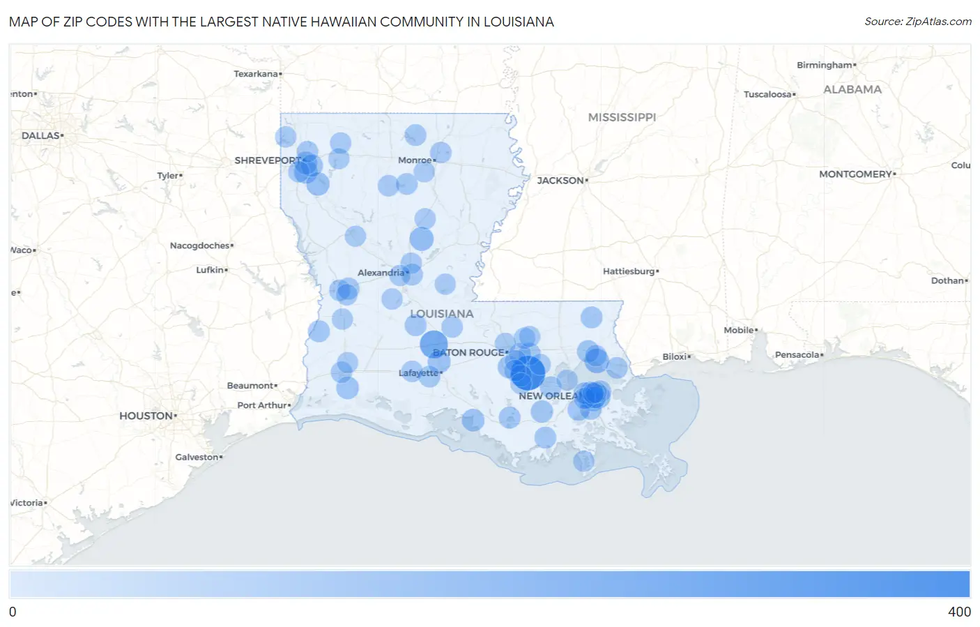 Zip Codes with the Largest Native Hawaiian Community in Louisiana Map