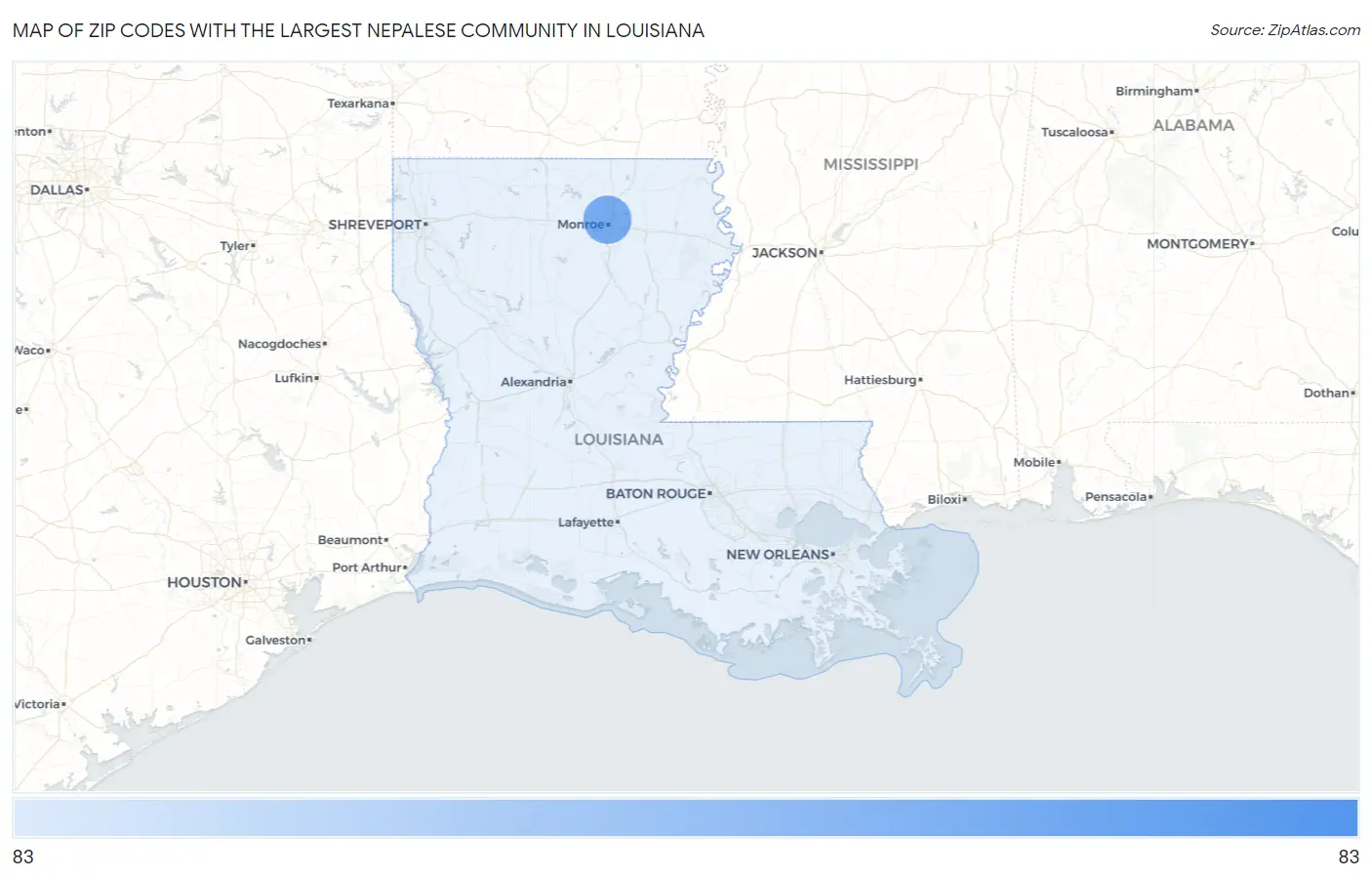 Zip Codes with the Largest Nepalese Community in Louisiana Map