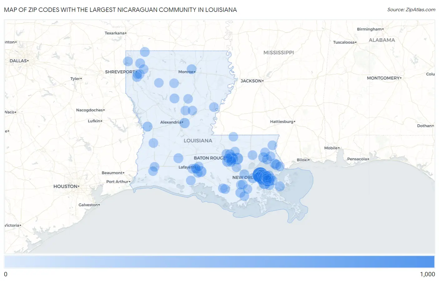 Zip Codes with the Largest Nicaraguan Community in Louisiana Map