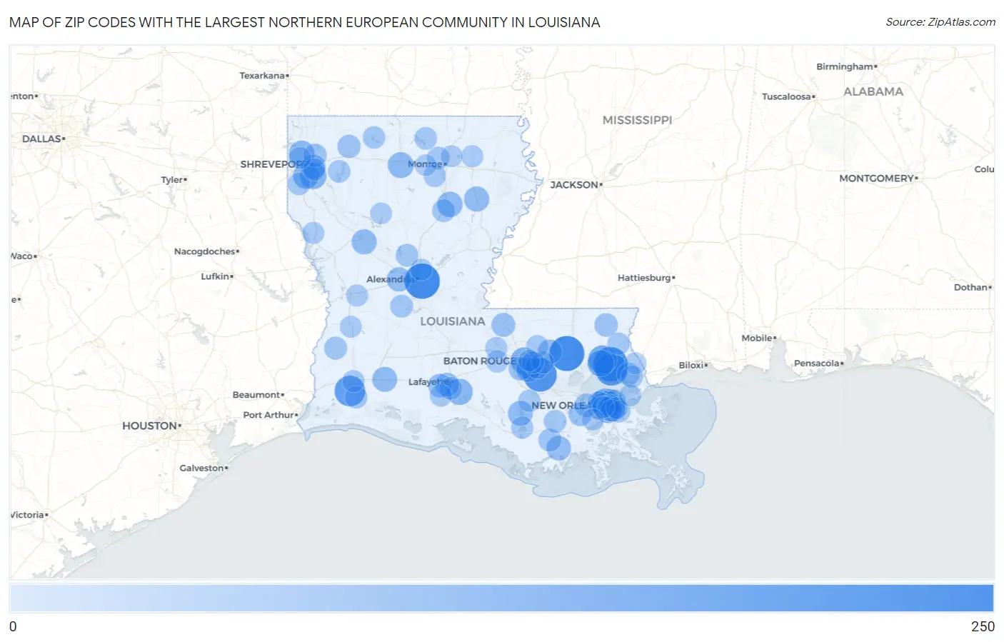 Zip Codes with the Largest Northern European Community in Louisiana Map