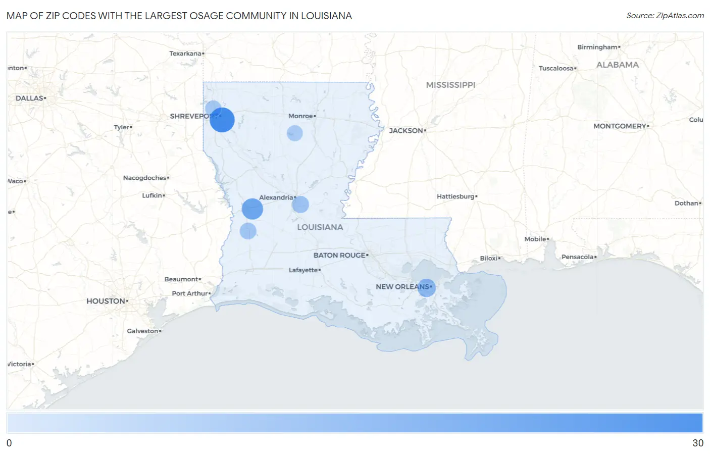Zip Codes with the Largest Osage Community in Louisiana Map