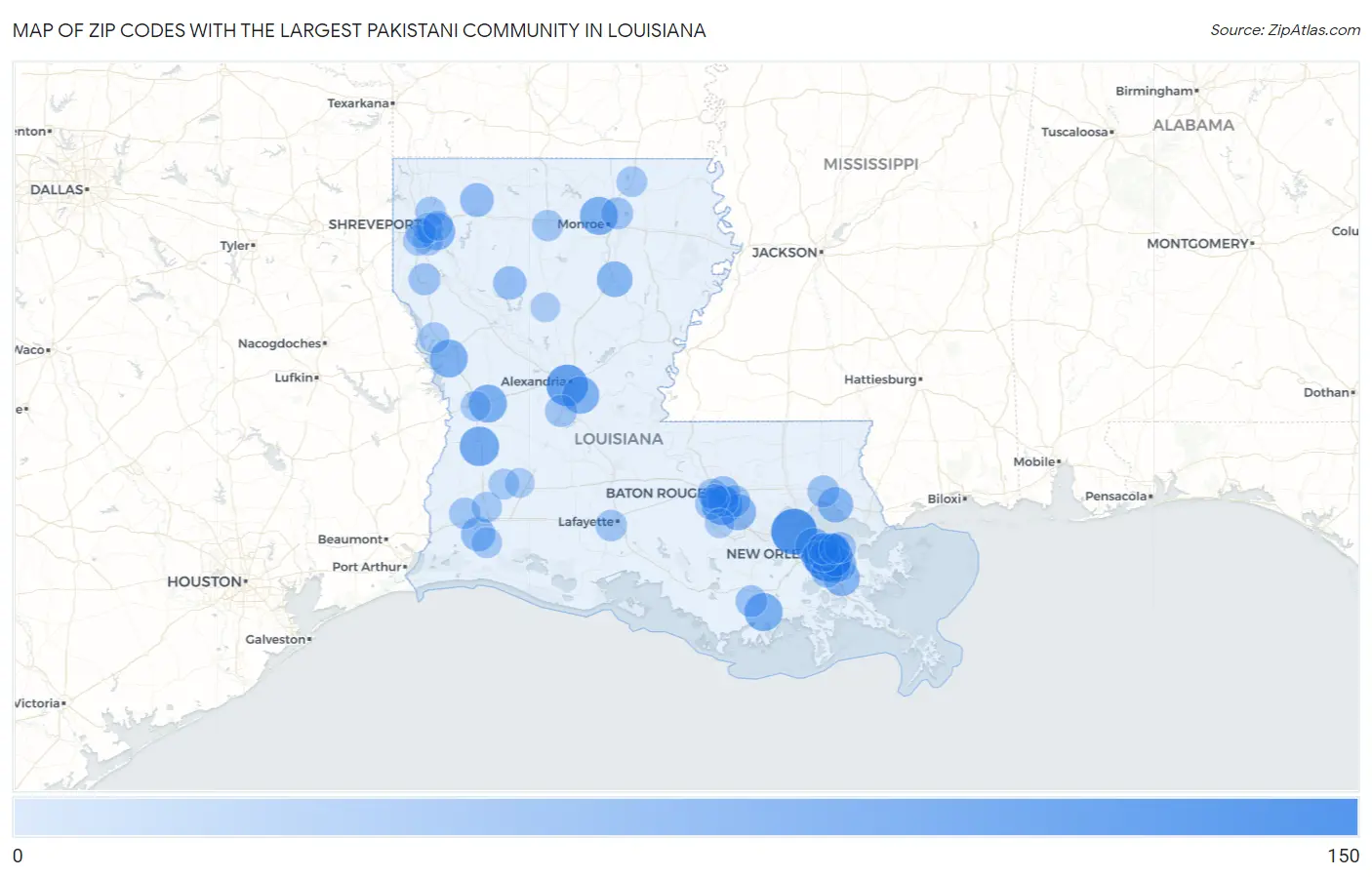 Zip Codes with the Largest Pakistani Community in Louisiana Map