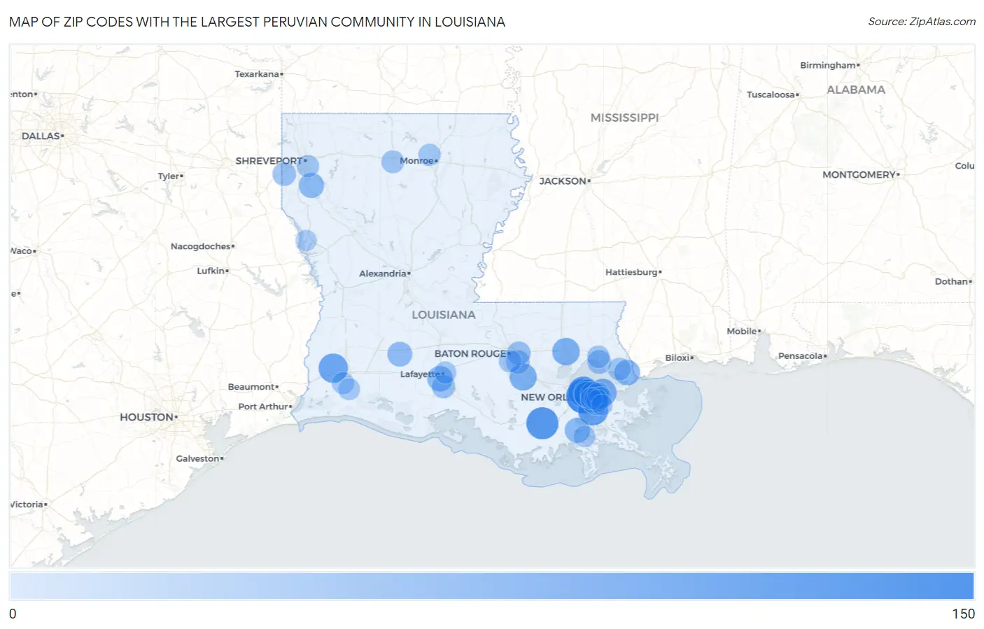 Zip Codes with the Largest Peruvian Community in Louisiana Map
