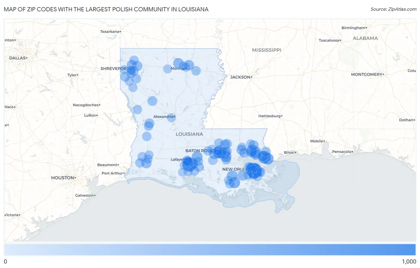 Zip Codes with the Largest Polish Community in Louisiana Map
