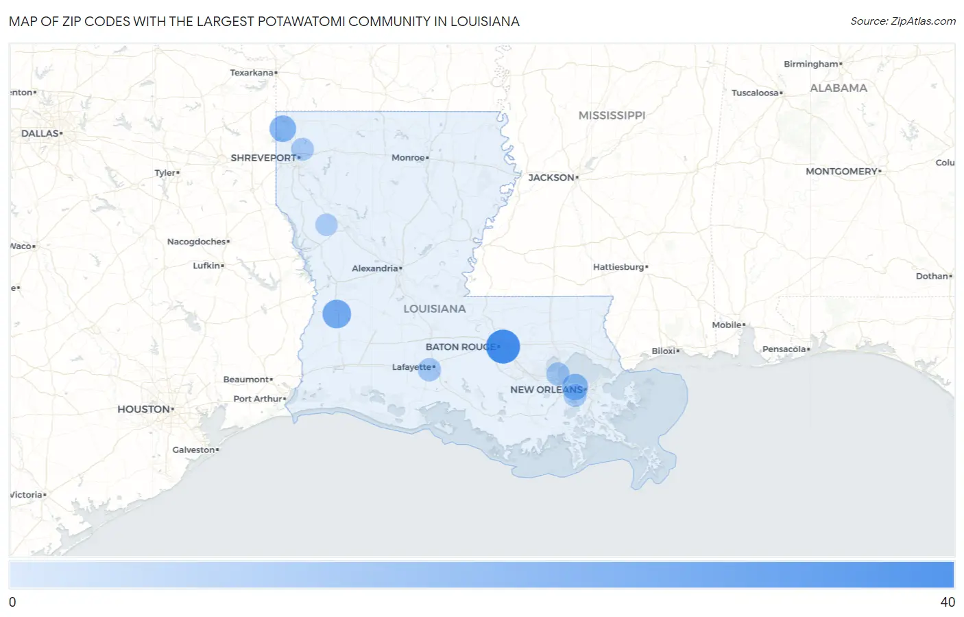 Zip Codes with the Largest Potawatomi Community in Louisiana Map