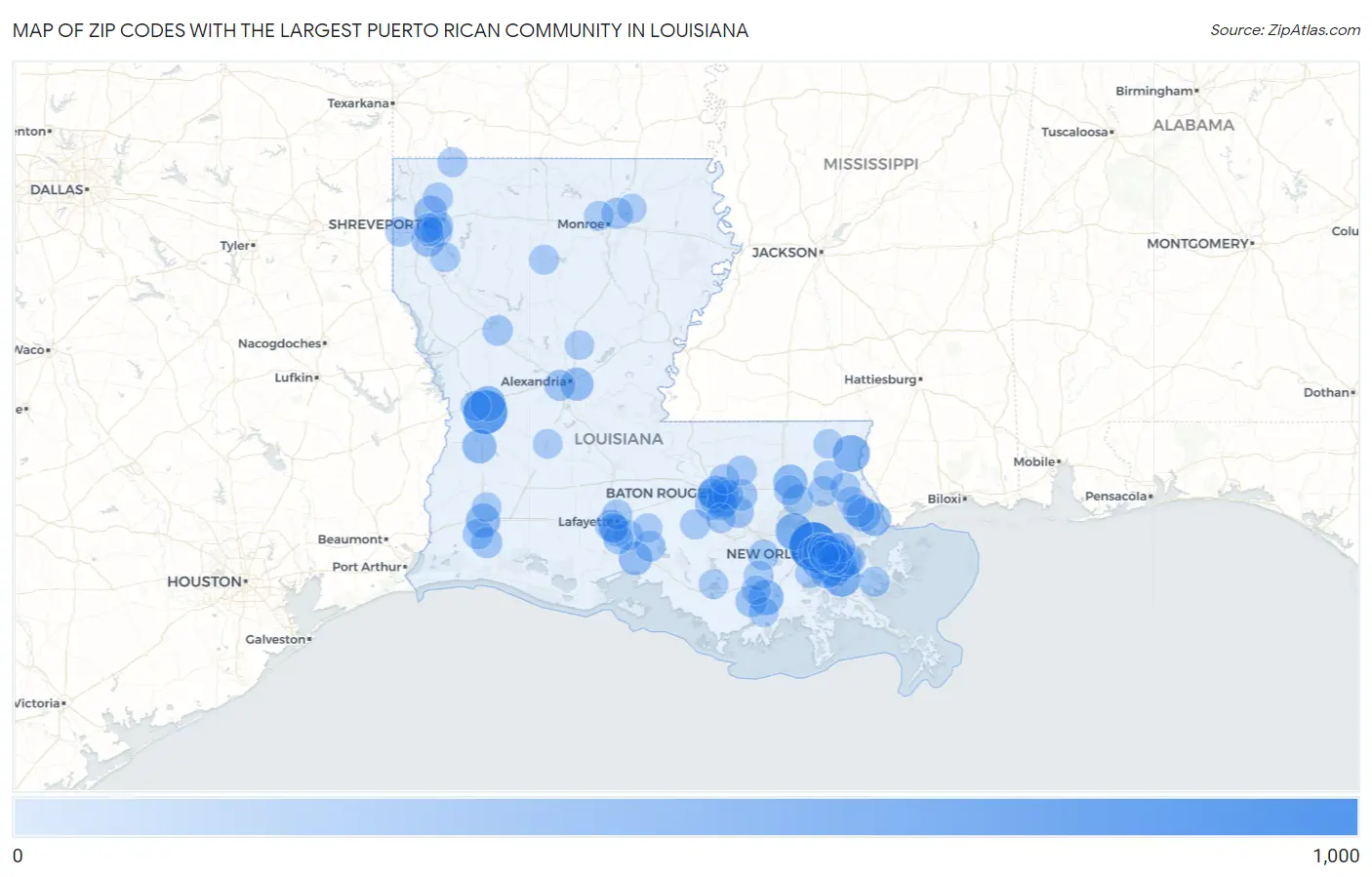 Zip Codes with the Largest Puerto Rican Community in Louisiana Map