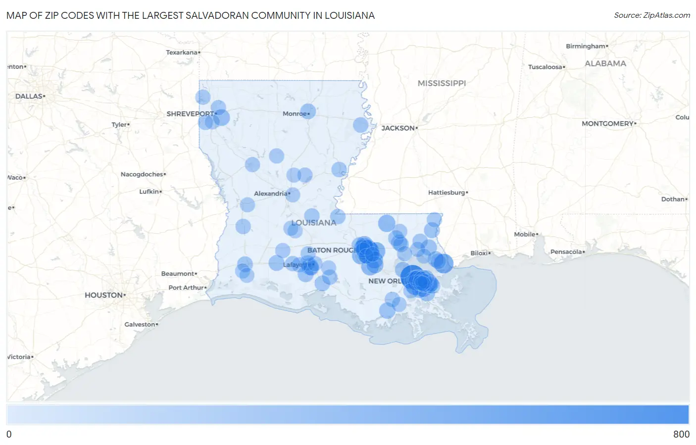 Zip Codes with the Largest Salvadoran Community in Louisiana Map