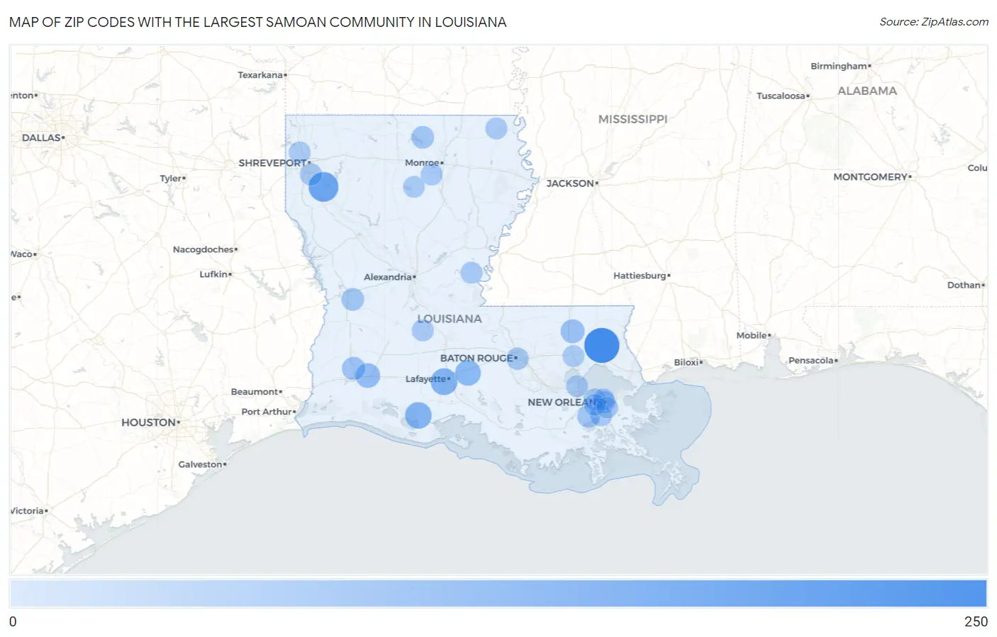 Zip Codes with the Largest Samoan Community in Louisiana Map