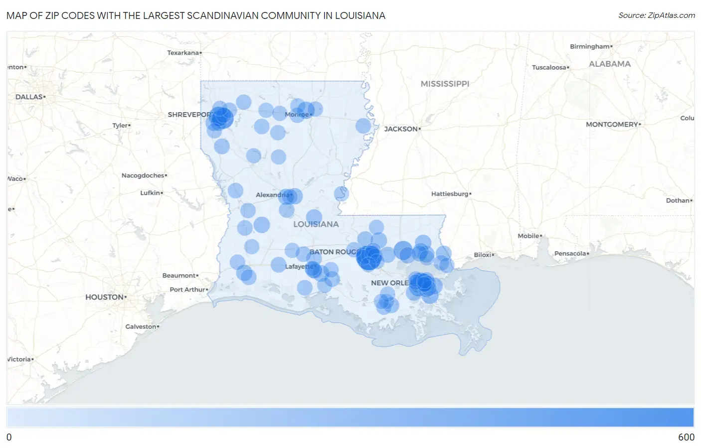 Zip Codes with the Largest Scandinavian Community in Louisiana Map