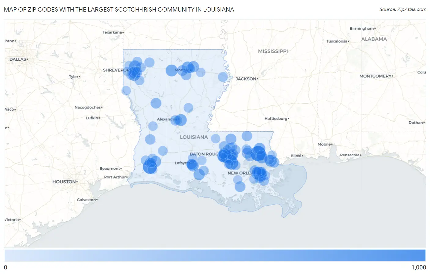 Zip Codes with the Largest Scotch-Irish Community in Louisiana Map