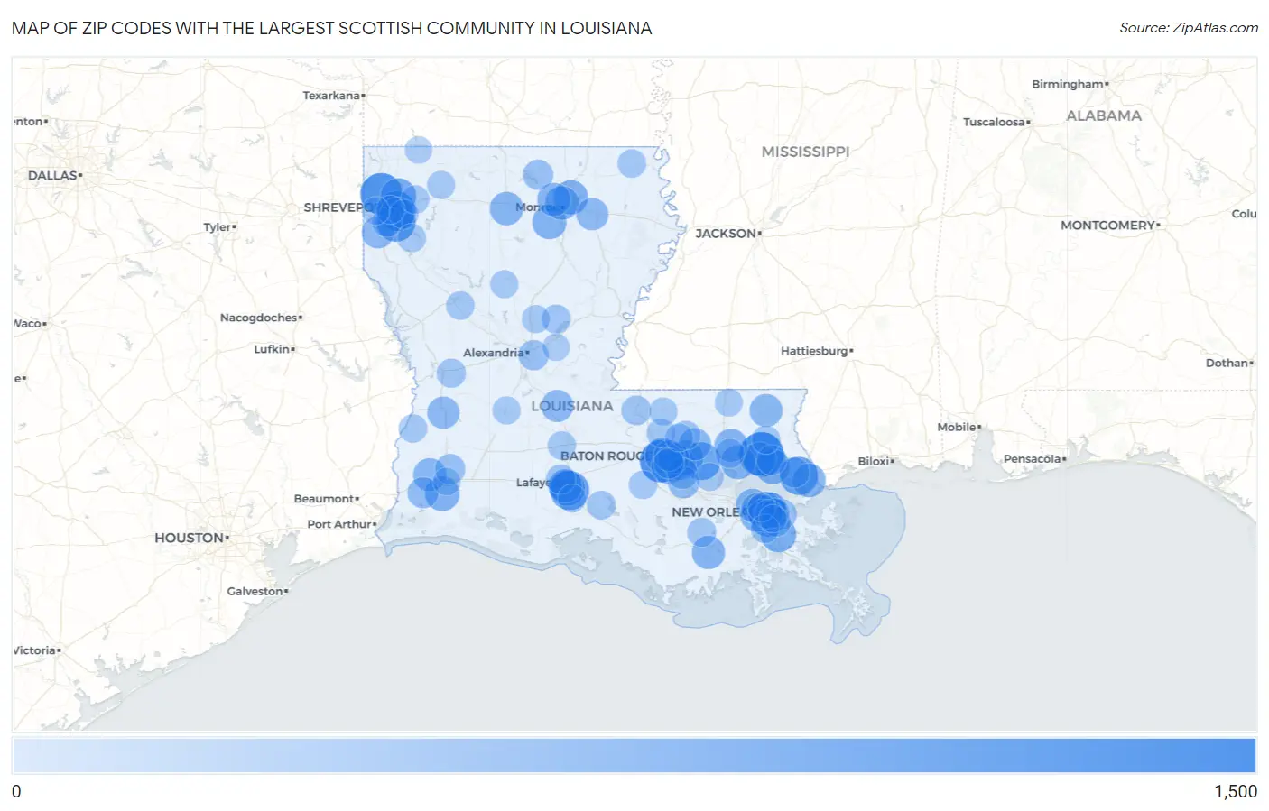 Zip Codes with the Largest Scottish Community in Louisiana Map