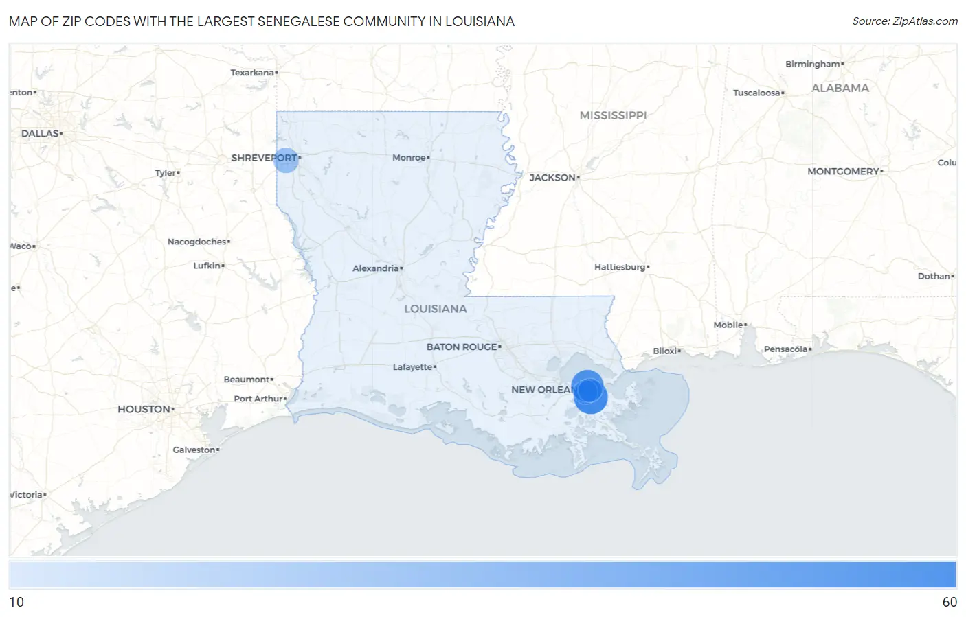 Zip Codes with the Largest Senegalese Community in Louisiana Map
