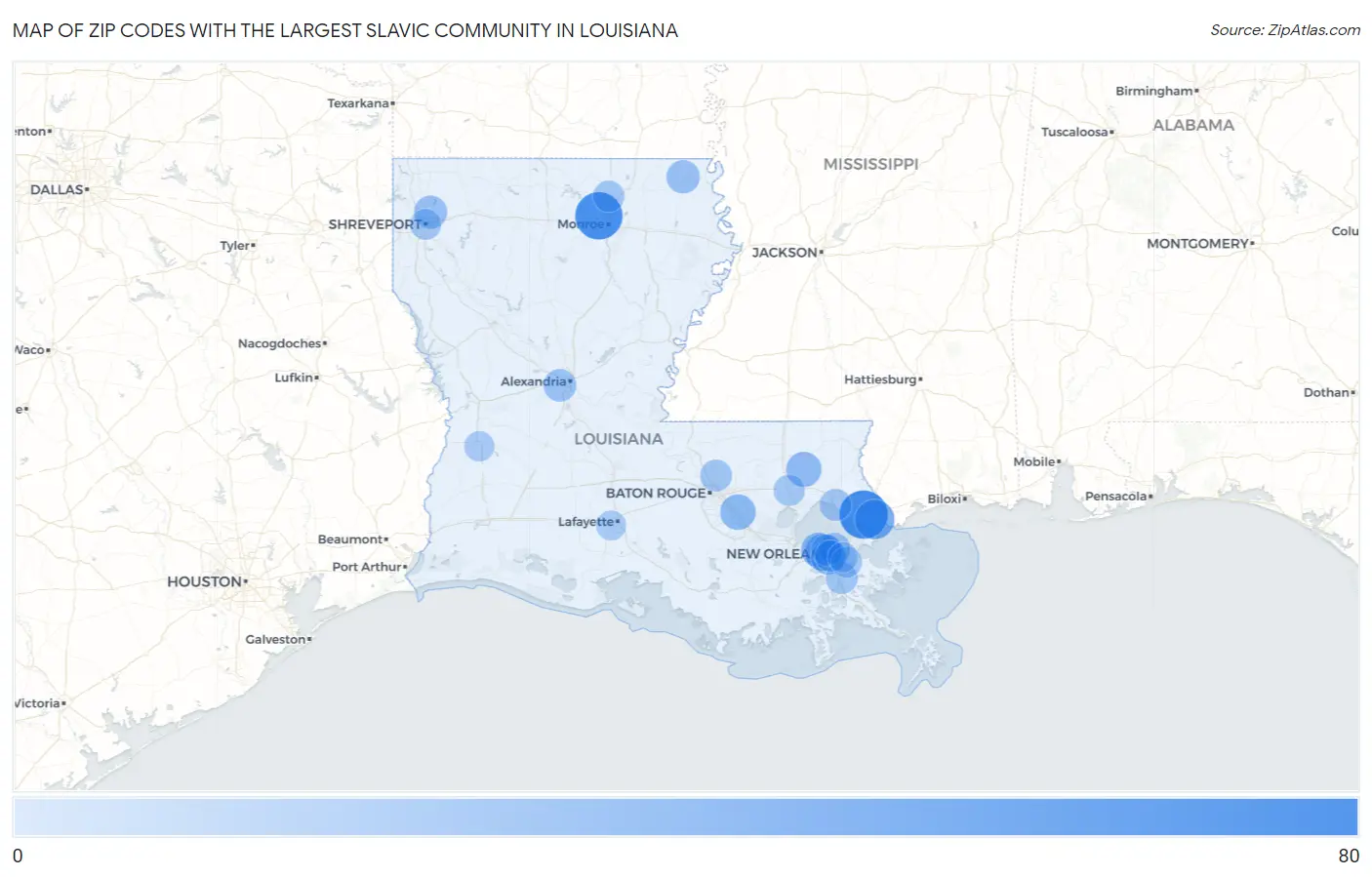 Zip Codes with the Largest Slavic Community in Louisiana Map