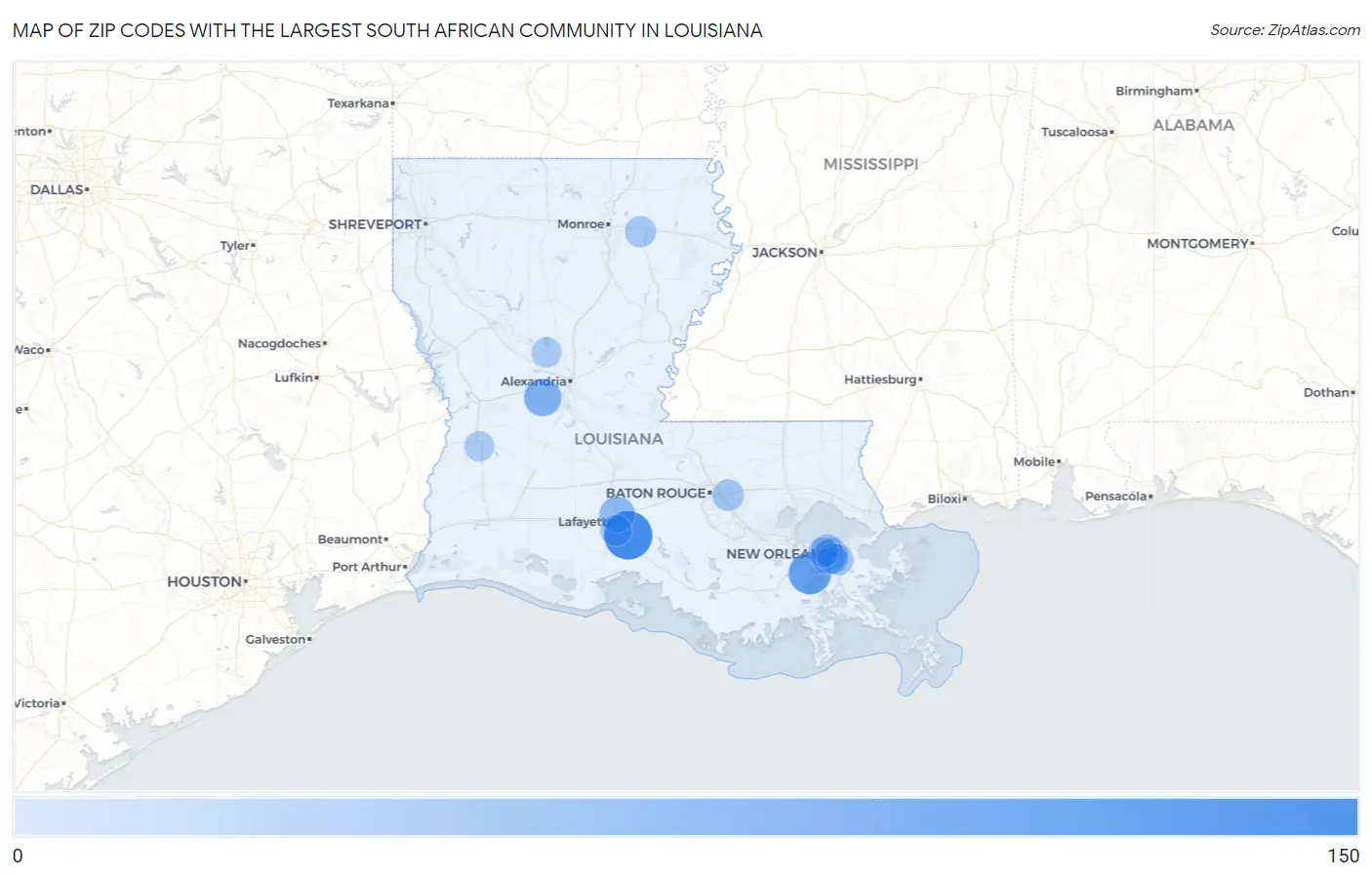 Zip Codes with the Largest South African Community in Louisiana Map