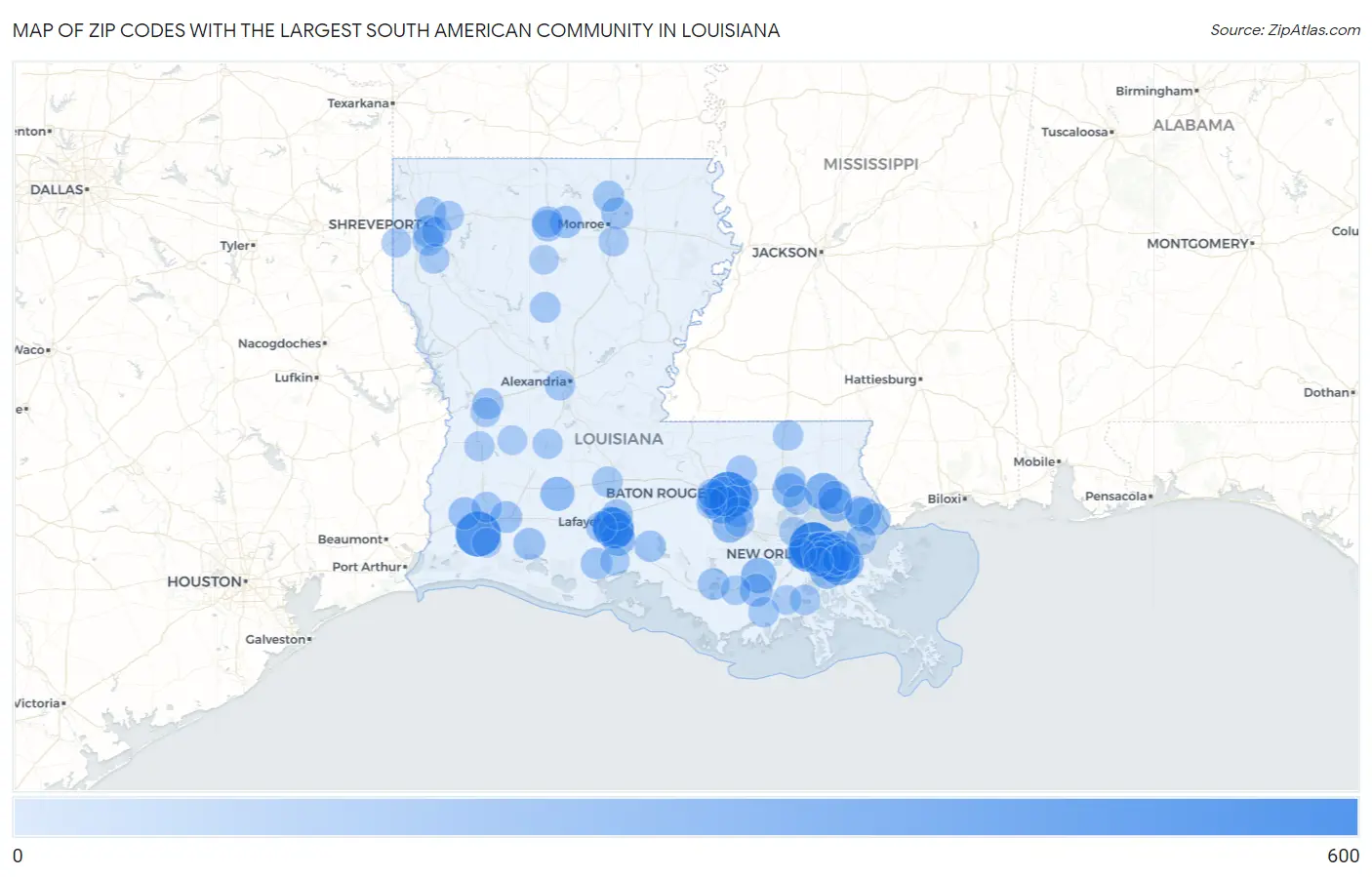 Zip Codes with the Largest South American Community in Louisiana Map