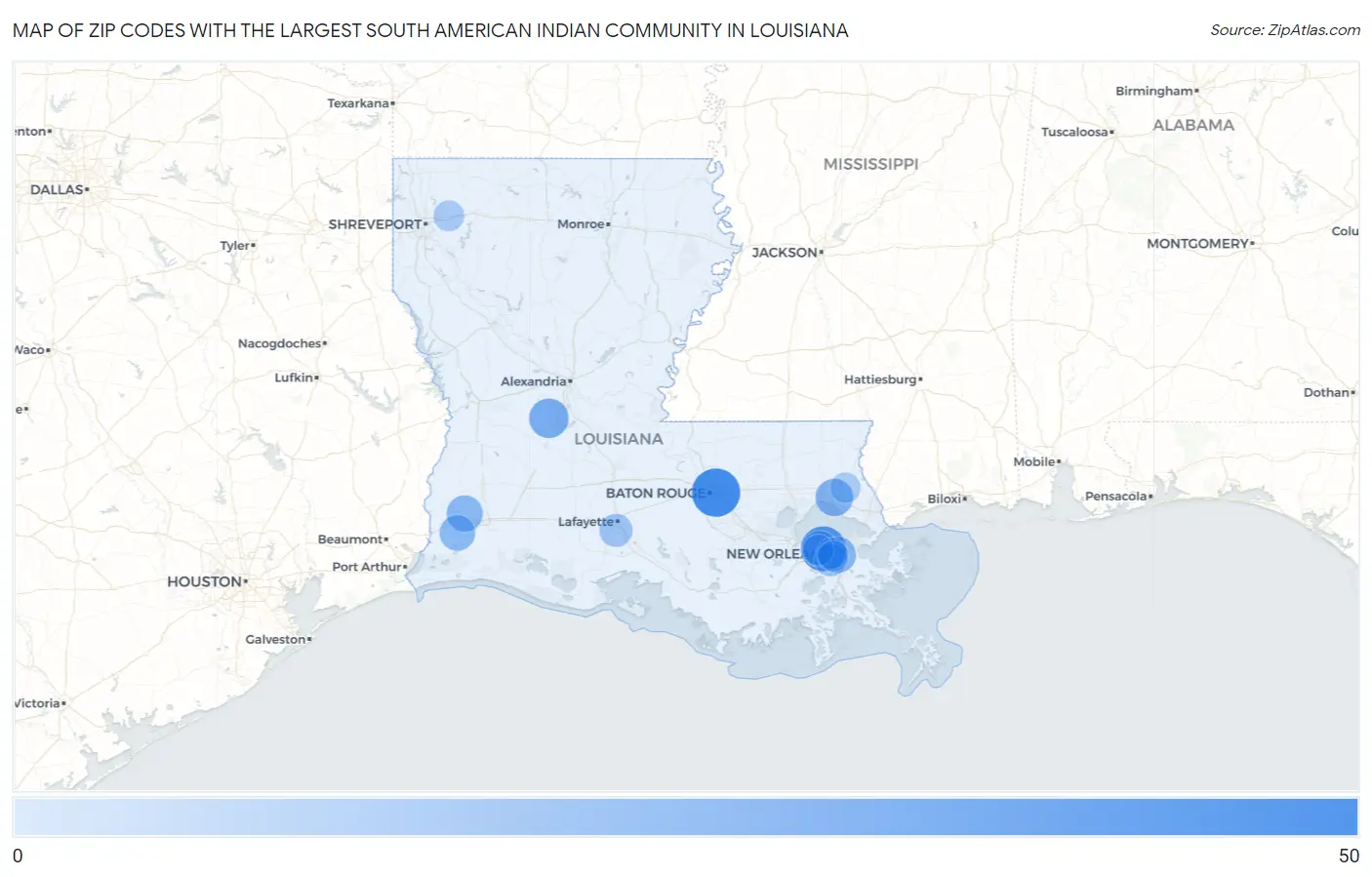 Zip Codes with the Largest South American Indian Community in Louisiana Map