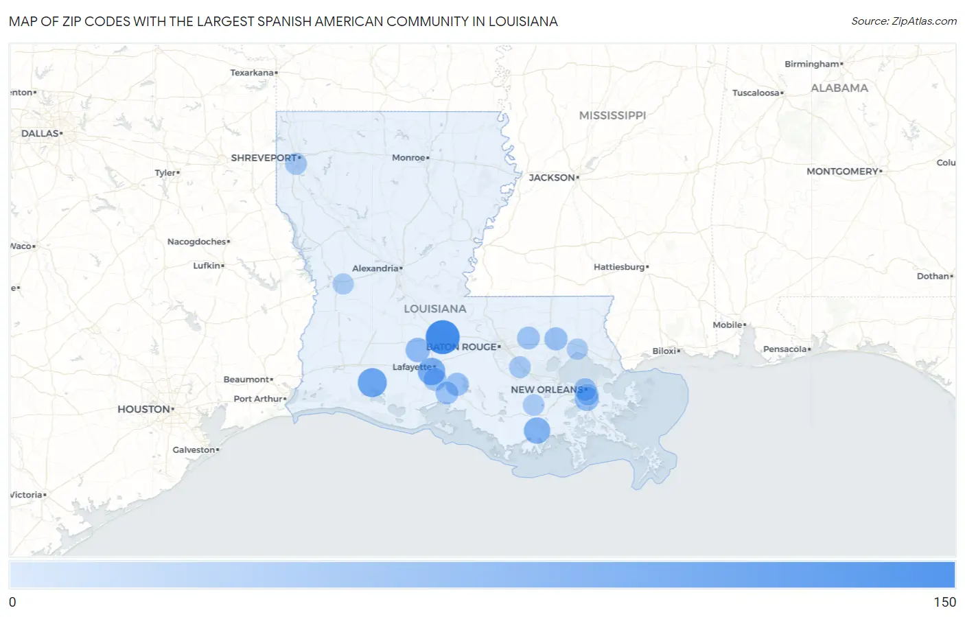 Zip Codes with the Largest Spanish American Community in Louisiana Map