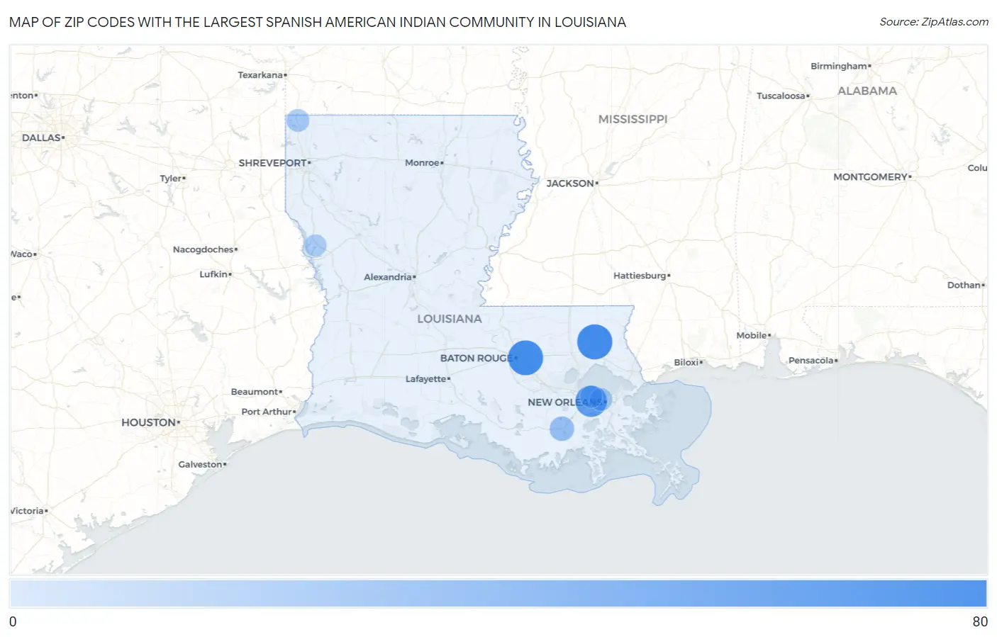 Zip Codes with the Largest Spanish American Indian Community in Louisiana Map