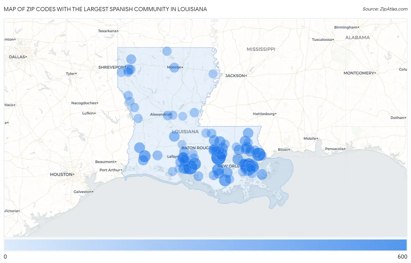 Zip Codes with the Largest Spanish Community in Louisiana Map