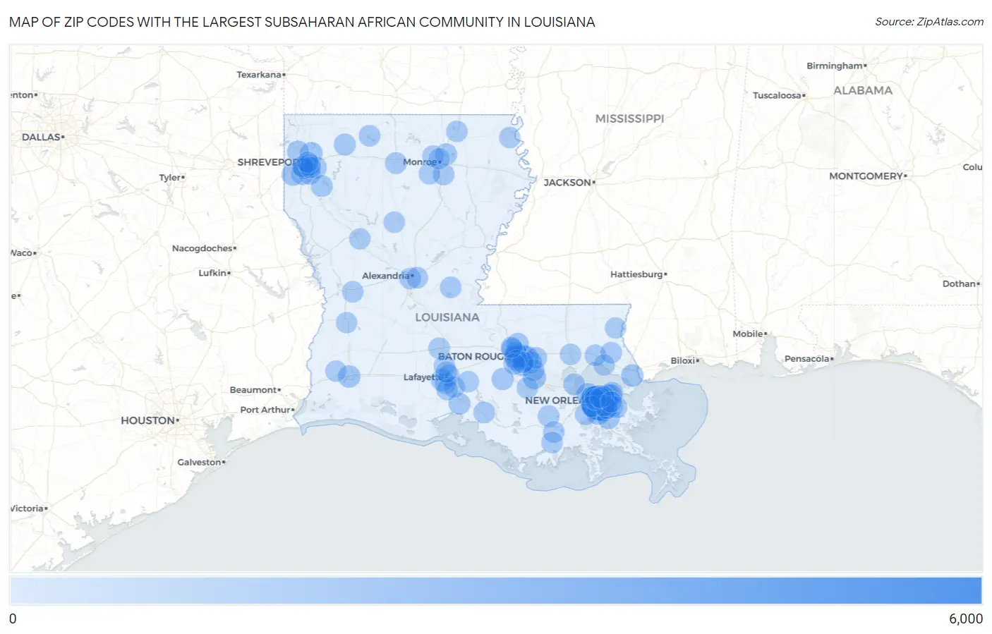 Zip Codes with the Largest Subsaharan African Community in Louisiana Map
