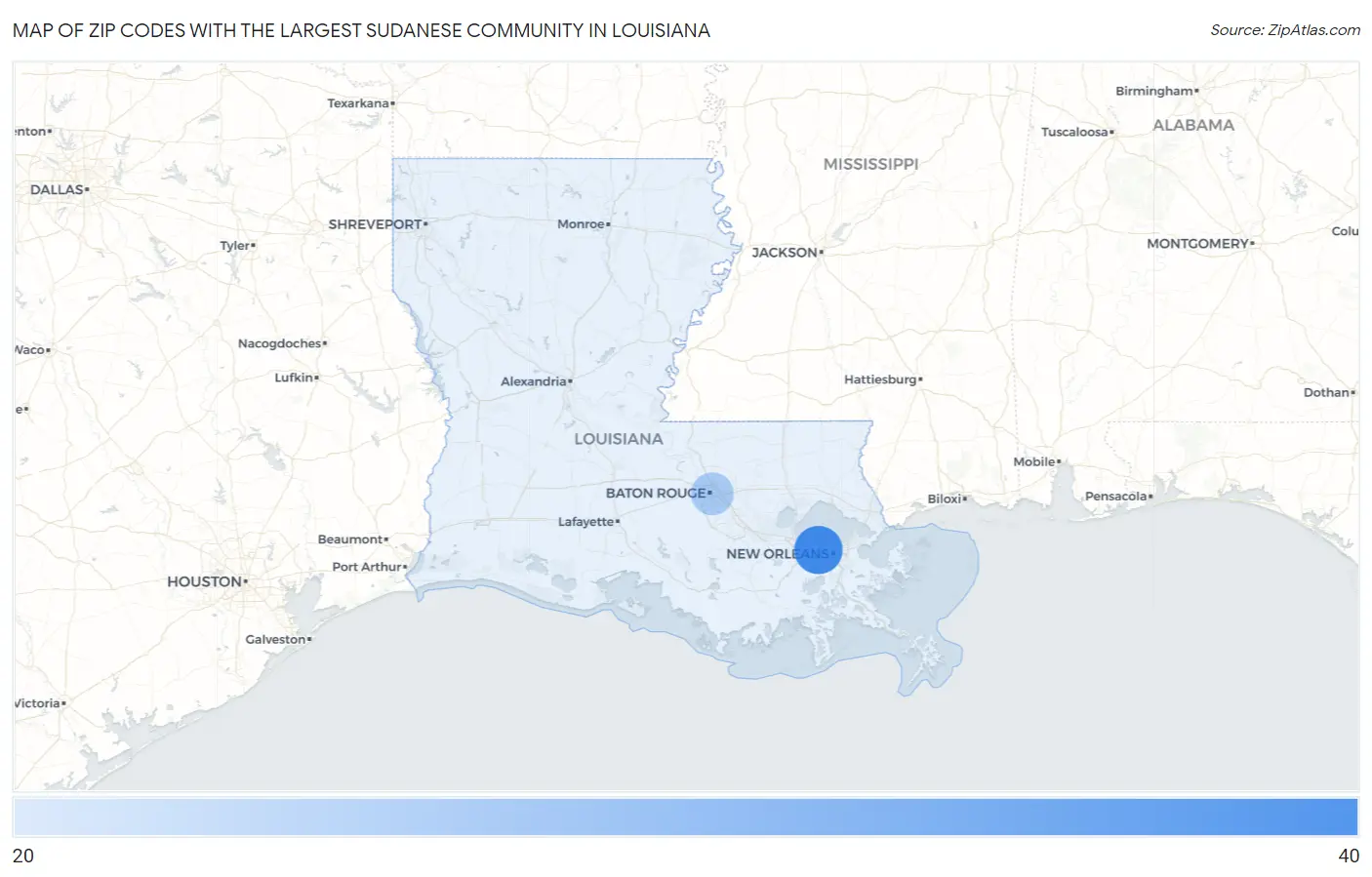 Zip Codes with the Largest Sudanese Community in Louisiana Map