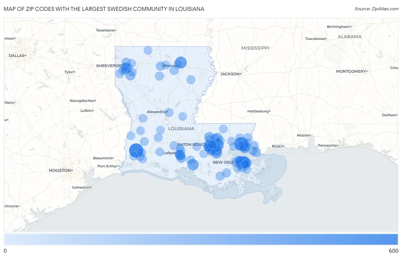 Zip Codes with the Largest Swedish Community in Louisiana Map