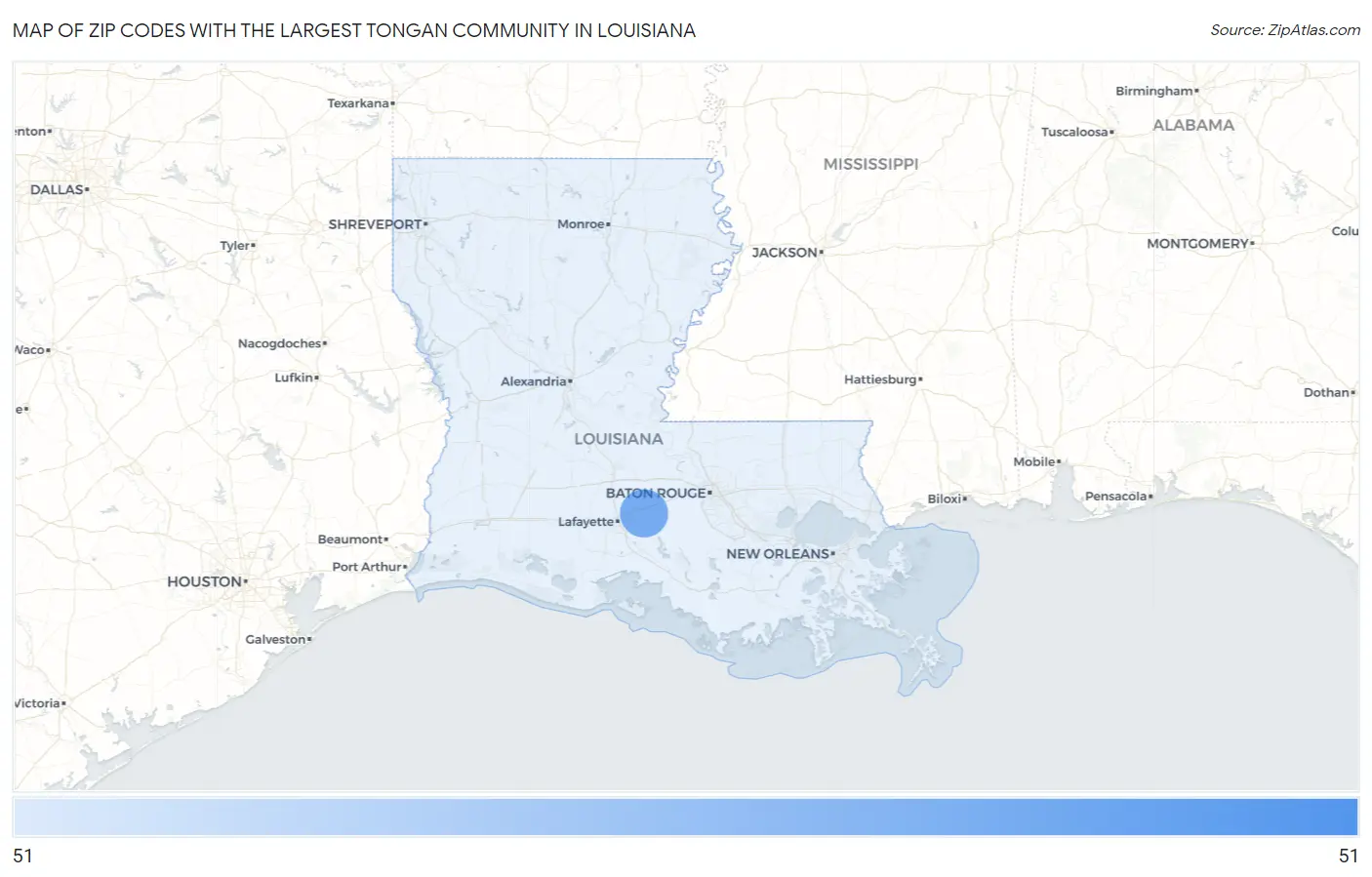 Zip Codes with the Largest Tongan Community in Louisiana Map