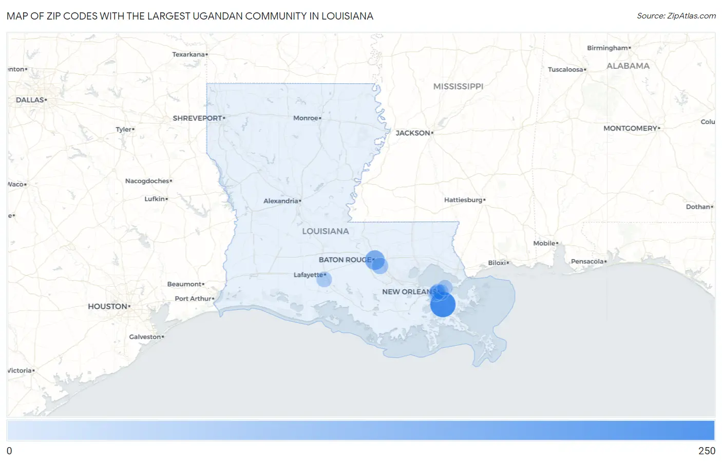 Zip Codes with the Largest Ugandan Community in Louisiana Map