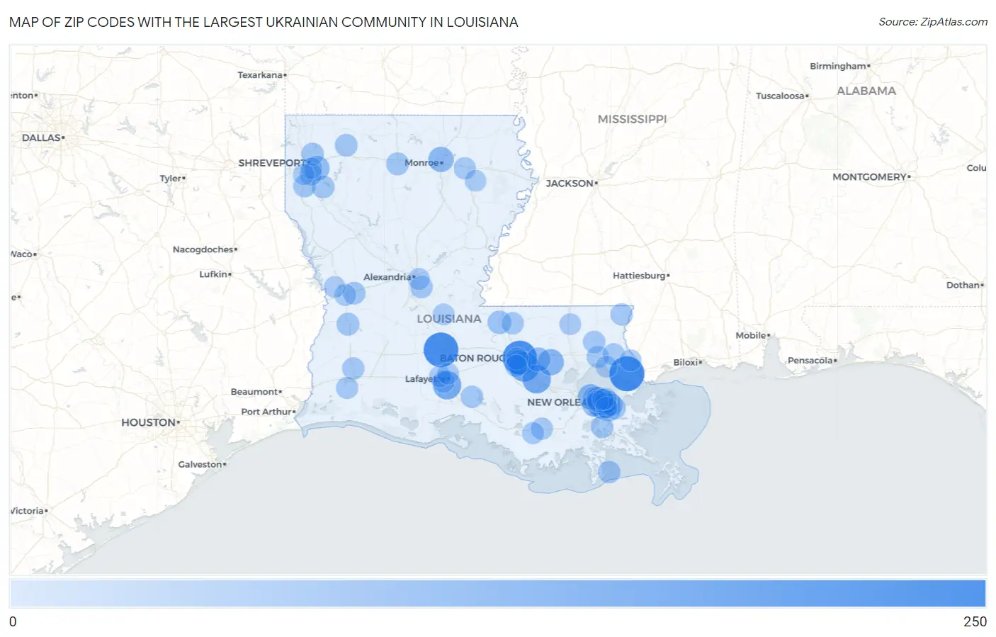 Zip Codes with the Largest Ukrainian Community in Louisiana Map