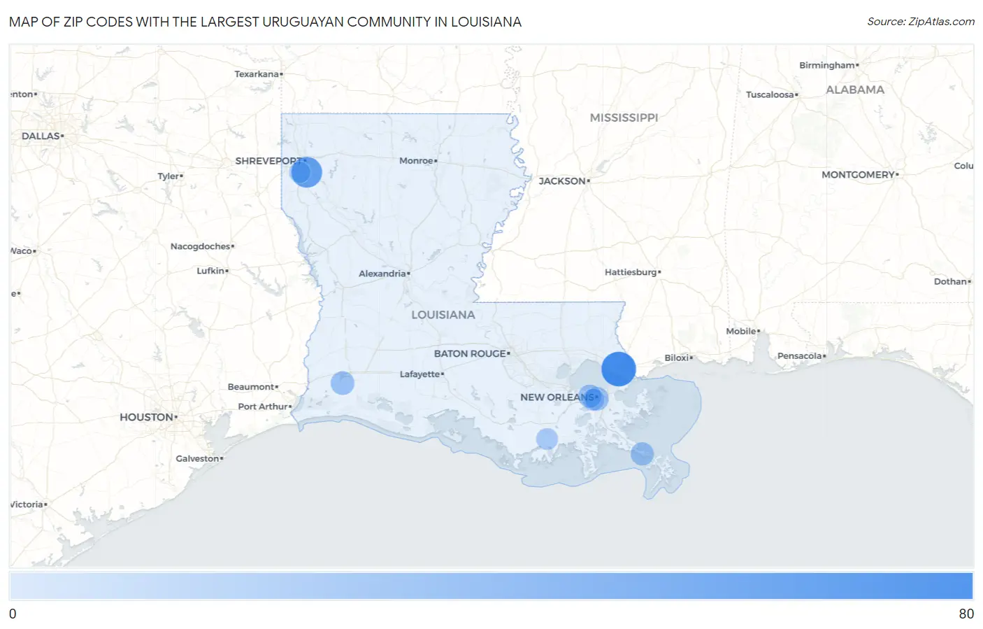 Zip Codes with the Largest Uruguayan Community in Louisiana Map