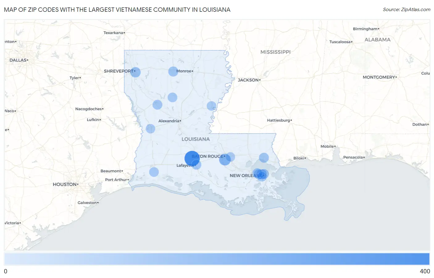 Zip Codes with the Largest Vietnamese Community in Louisiana Map
