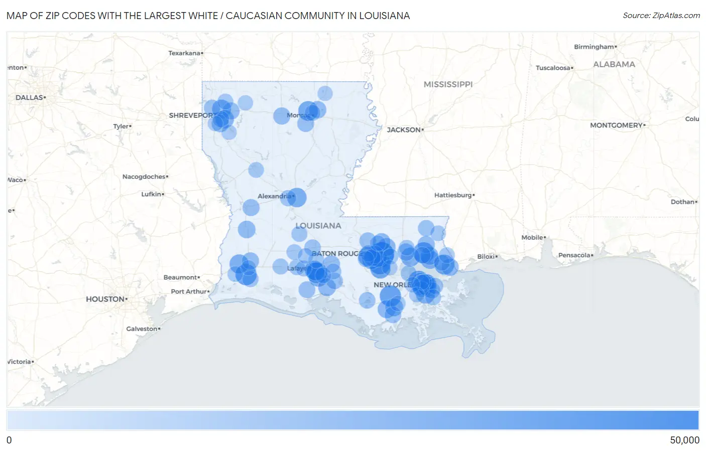 Zip Codes with the Largest White / Caucasian Community in Louisiana Map