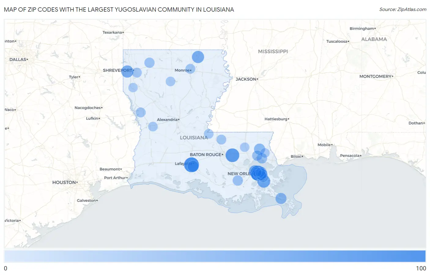 Zip Codes with the Largest Yugoslavian Community in Louisiana Map
