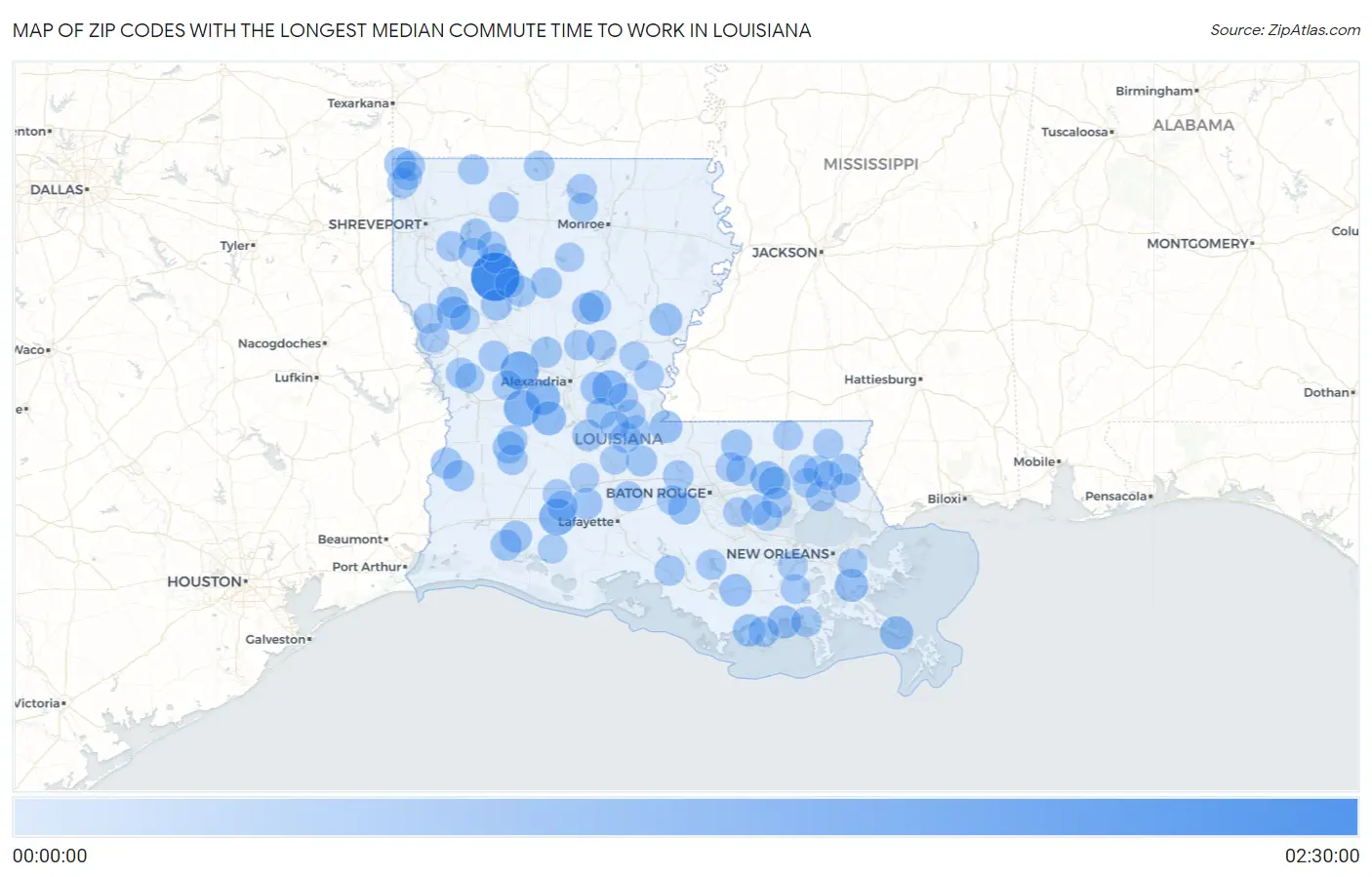 Zip Codes with the Longest Median Commute Time to Work in Louisiana Map