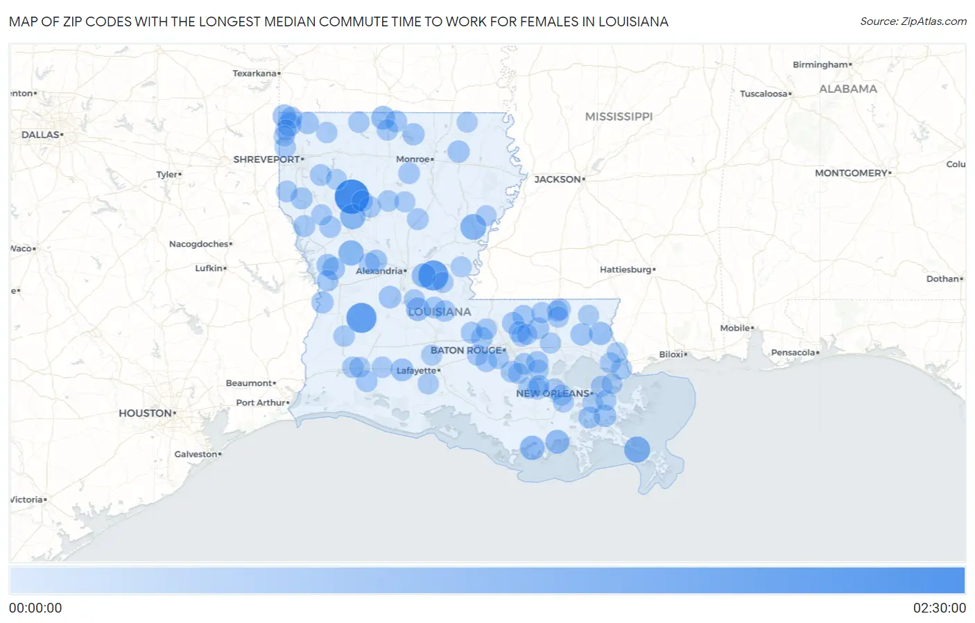 Zip Codes with the Longest Median Commute Time to Work for Females in Louisiana Map