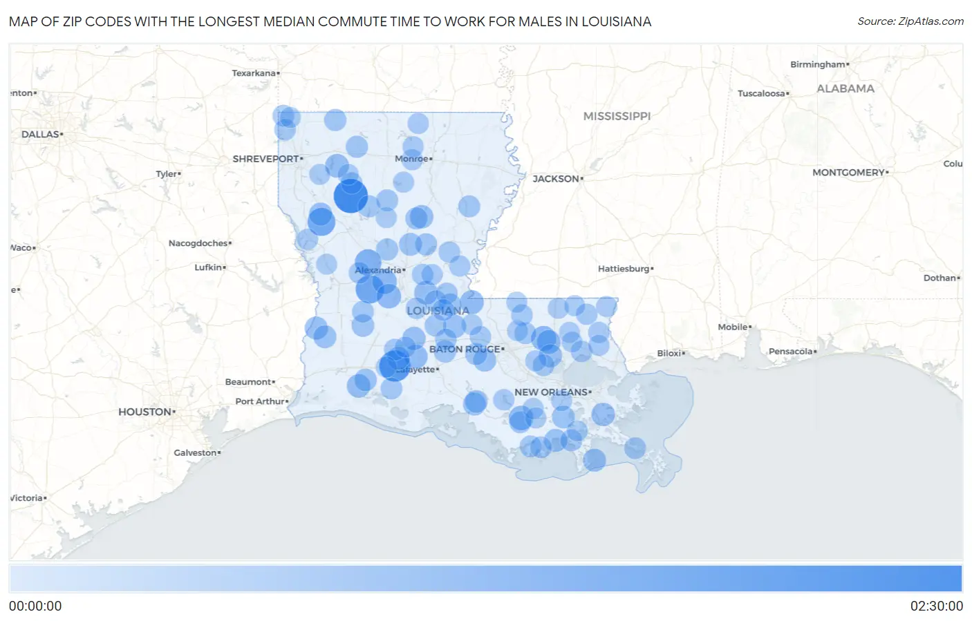 Zip Codes with the Longest Median Commute Time to Work for Males in Louisiana Map