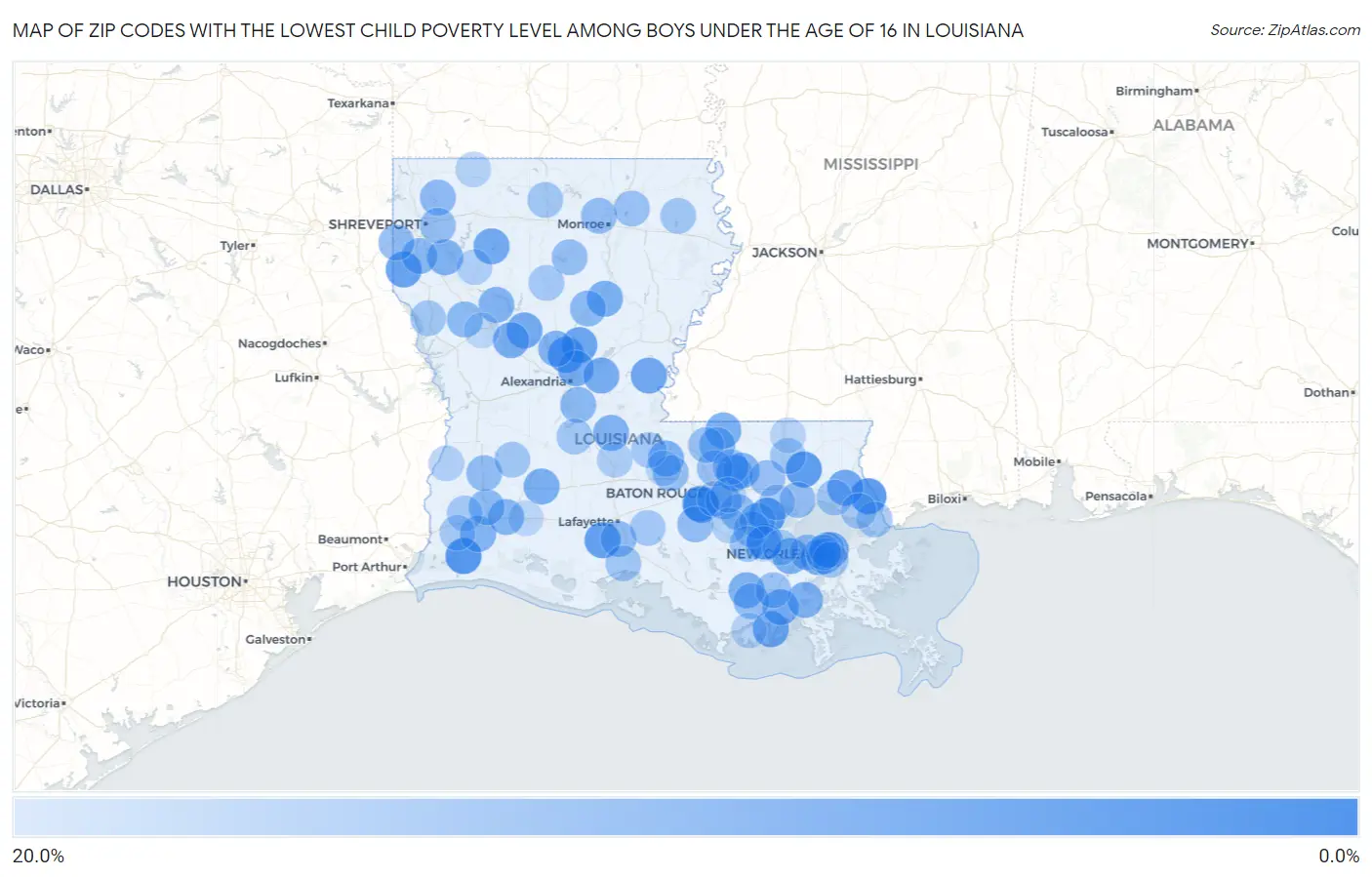 Zip Codes with the Lowest Child Poverty Level Among Boys Under the Age of 16 in Louisiana Map