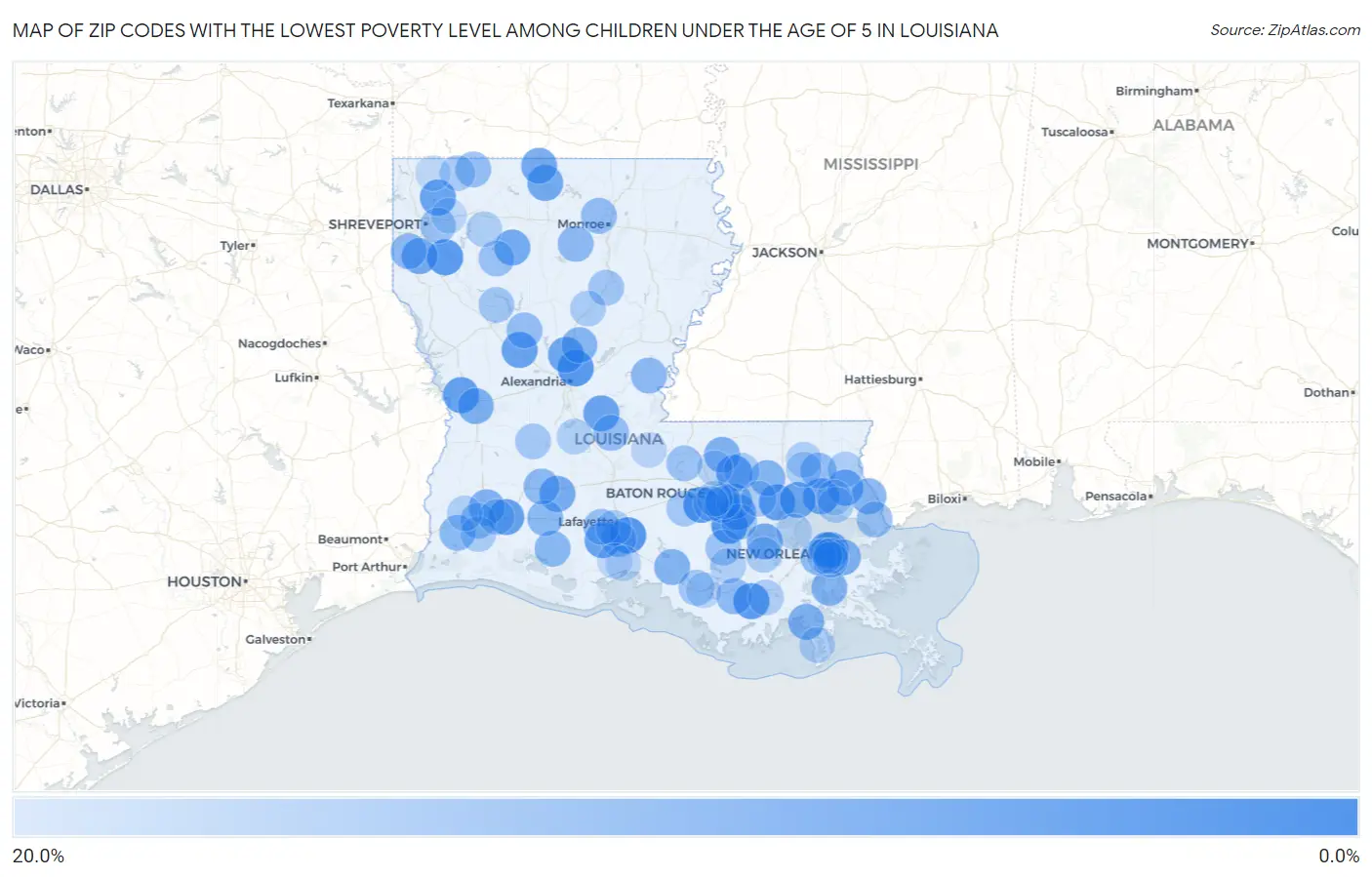 Zip Codes with the Lowest Poverty Level Among Children Under the Age of 5 in Louisiana Map