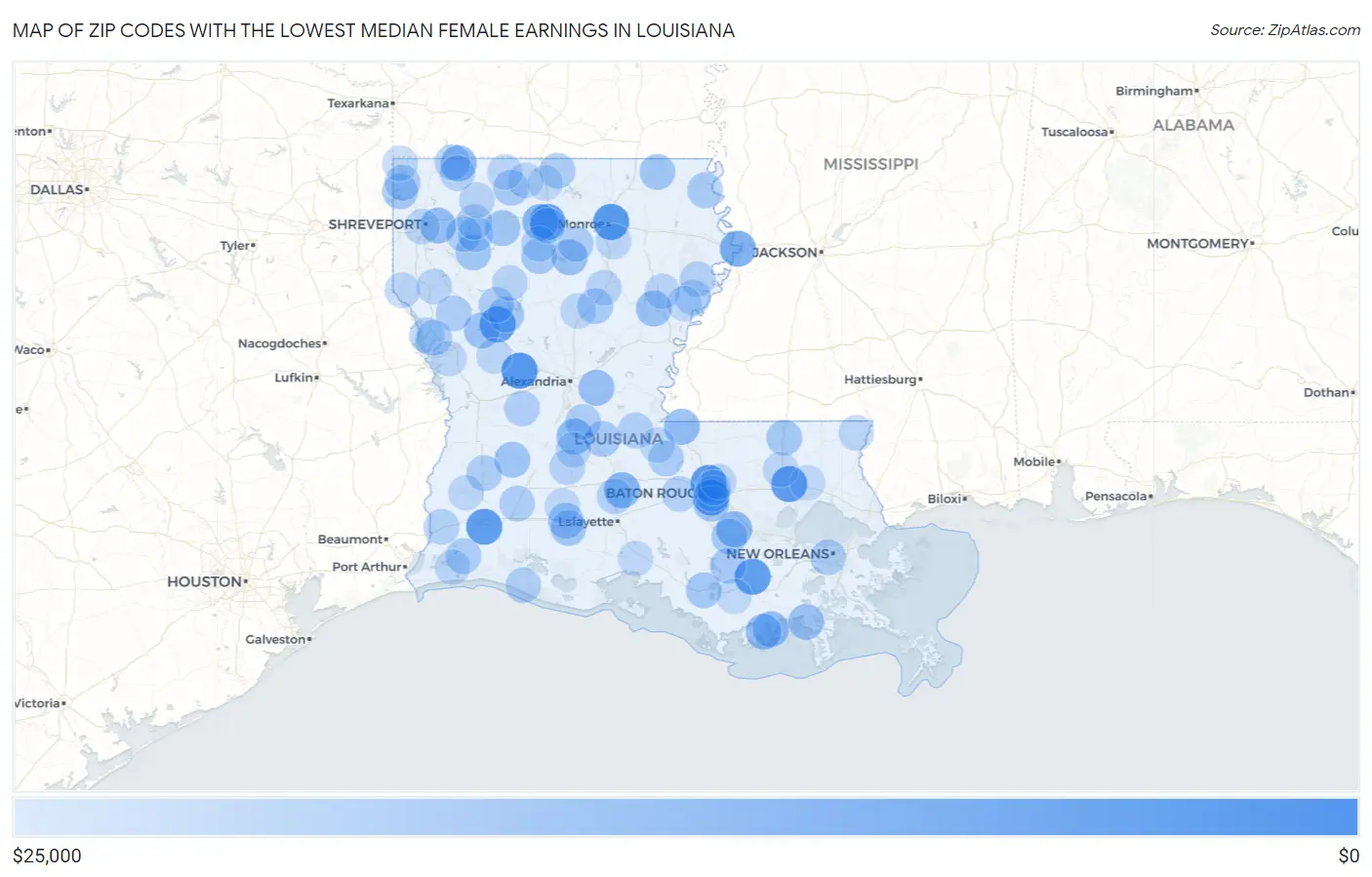 Zip Codes with the Lowest Median Female Earnings in Louisiana Map