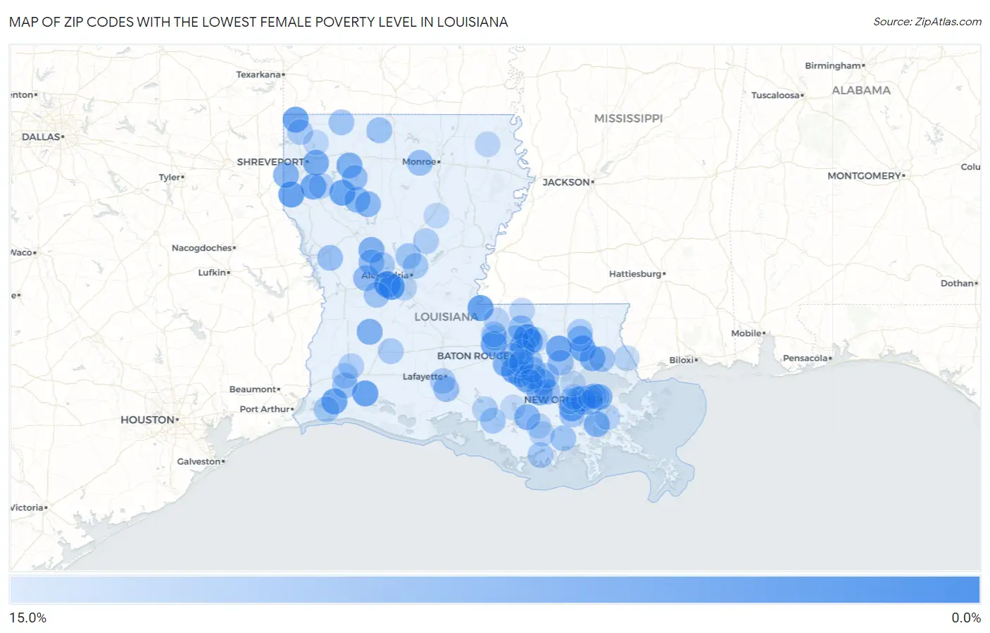 Zip Codes with the Lowest Female Poverty Level in Louisiana Map