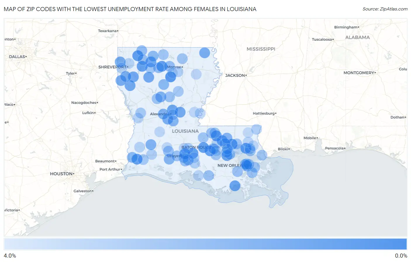 Zip Codes with the Lowest Unemployment Rate Among Females in Louisiana Map