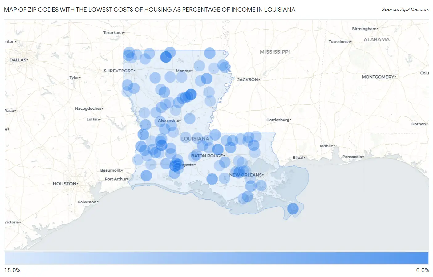 Zip Codes with the Lowest Costs of Housing as Percentage of Income in Louisiana Map