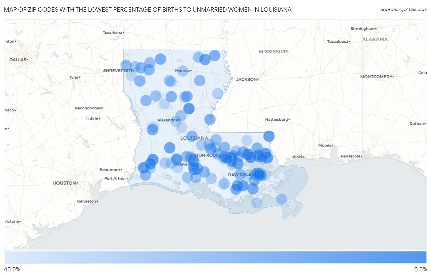 Zip Codes with the Lowest Percentage of Births to Unmarried Women in Louisiana Map