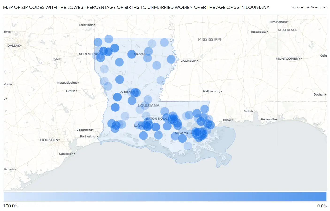Zip Codes with the Lowest Percentage of Births to Unmarried Women over the Age of 35 in Louisiana Map
