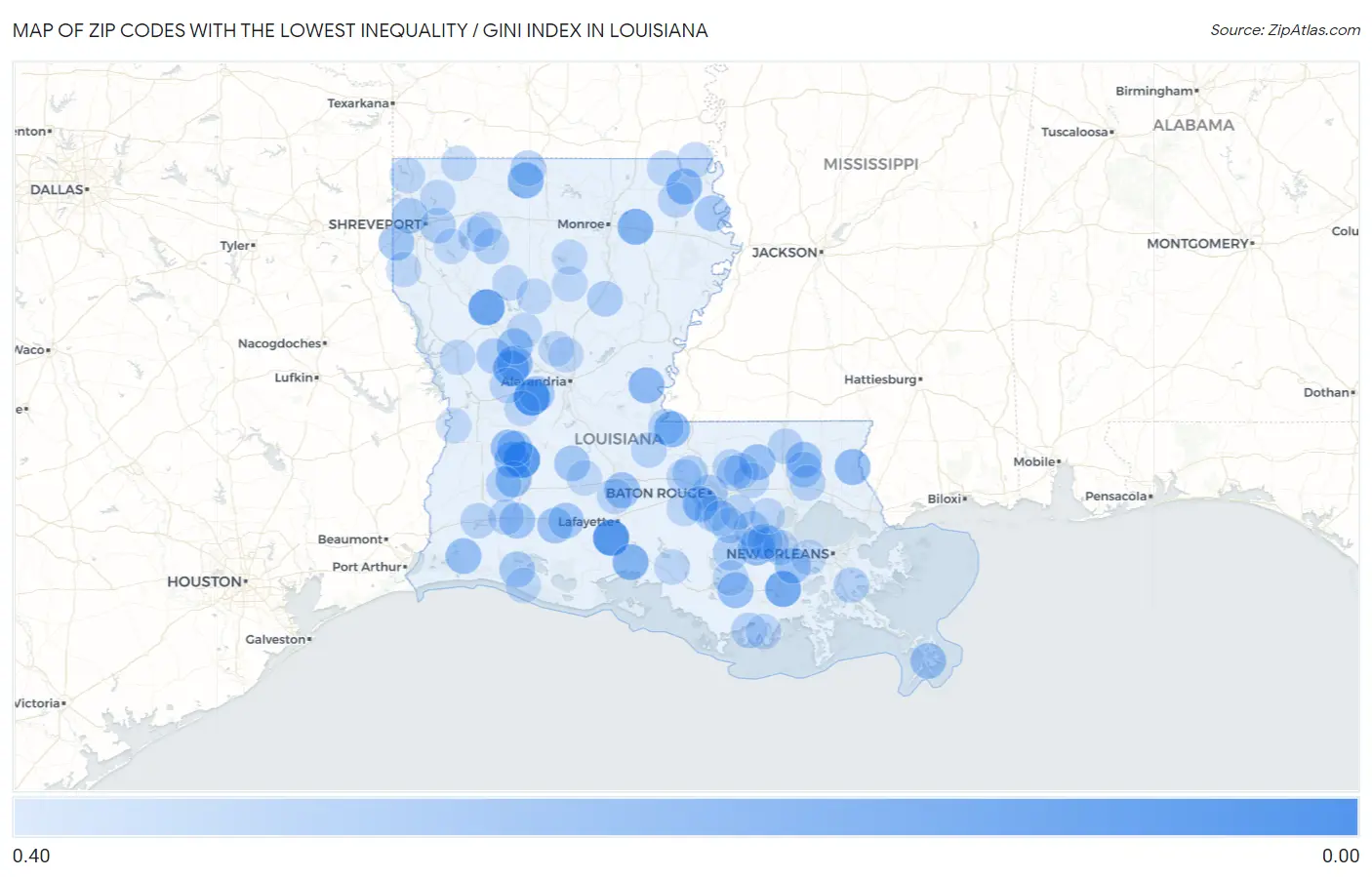 Zip Codes with the Lowest Inequality / Gini Index in Louisiana Map