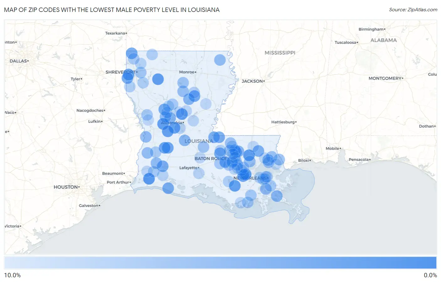 Zip Codes with the Lowest Male Poverty Level in Louisiana Map