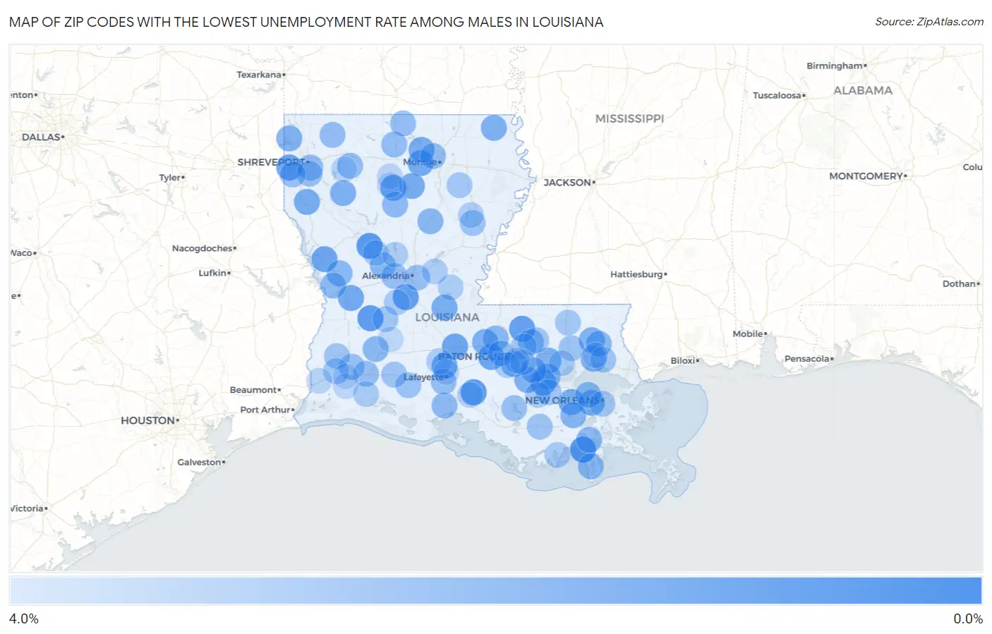 Zip Codes with the Lowest Unemployment Rate Among Males in Louisiana Map